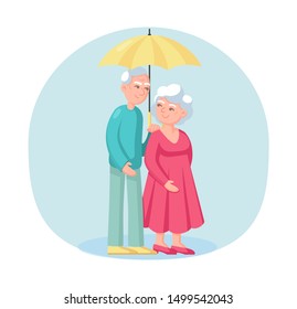 Elderly couple walk under a common umbrella. Grey haired elderly people together cartoon vector isolated on light background.