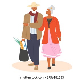Elderly couple walking along the street with grocery bag, flat vector illustration. Happy old man and woman going shopping for food together. Senior people active lifestyle.