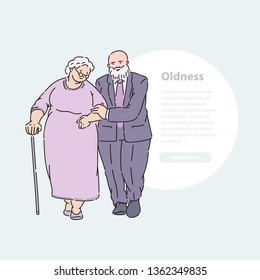 Elderly couple walking arm in arm down street and talking vector line art illustration banner and round area for text.