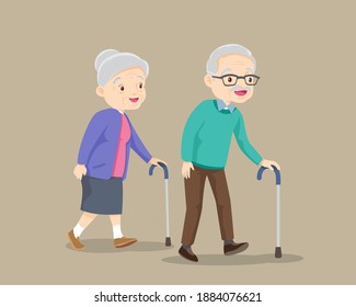Elderly couple walking by cane. grandmother with walk and grandfather by cane be happy.old senior man and woman walking together