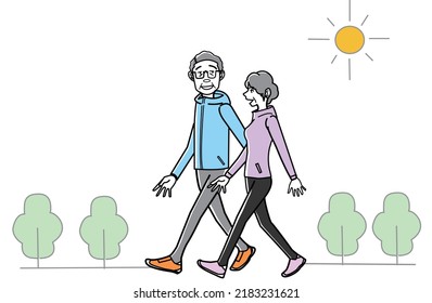 Elderly couple walking and conversing