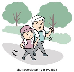 Elderly couple walking in a cool place.