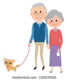 Elderly Couple Walking A Dog