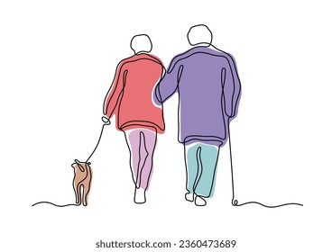 Pareja mayor caminando con una línea continua de perro ilustración vectorial colorida