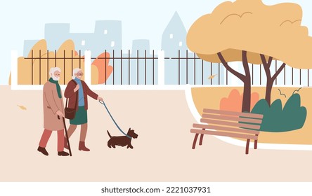 Elderly couple walking with a dog in the park. Stroll outdoors in fresh air for aged old people. Woman and man spending time outside in autumn. Happy retirement. Flat vector illustration.