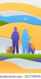 Elderly couple walking dogs colorful landscape paper cut style silhouettes nature scene with grass hills sky birds