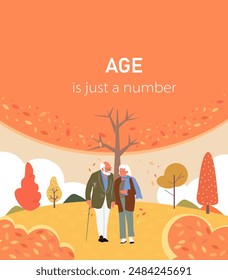 An elderly couple walking in a fall park. The concept of active old age and support for older people