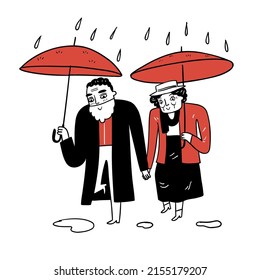 Elderly couple walking hand in hand and spreading umbrellas. Hand drawn Vector Illustration doodle style.