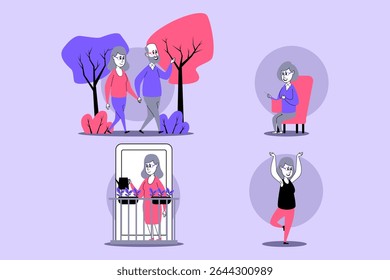 Elderly couple walking hand in hand through colorful park filled with stylized trees. Nearby, older woman knitting cheerfully at home. Joy of life concept