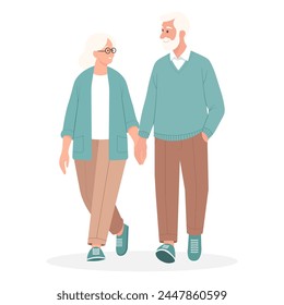 An elderly couple is walking hand in hand. Vector illustration.