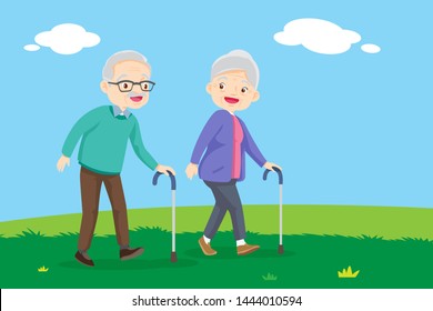 Elderly couple walking. Old senior man and woman walking together. Grandparents together on walk at park in summer. grandmother with walker and grandfather cane among green field.