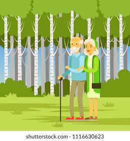 Elderly couple walking in the park, flat vector illustration