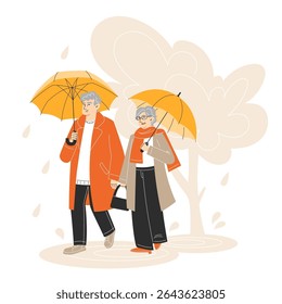 Elderly Couple Walking in the Rain with Umbrellas in Autumn Park Wearing Warm Coats Flat Style Illustration