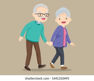 Elderly couple walking.Old senior man and woman walking together.grandfather walking with grandmother and hold hand.