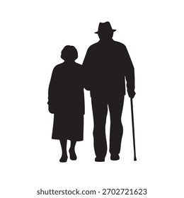 Elderly couple walking silhouette vector flat illustration design on white background