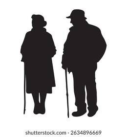 Elderly couple walking silhouettes senior citizens cane walking stick