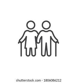 Elderly couple with walking stick line icon. linear style sign for mobile concept and web design. Old senior man and woman outline vector icon. Symbol, logo illustration. Vector graphics