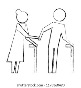 elderly couple walking with stick pictogram