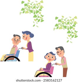 An elderly couple is walking and talking under the fresh greenery