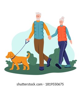 Elderly couple walking their dog in the Park.The concept of active old age. Day of the elderly. Flat cartoon vector illustration.