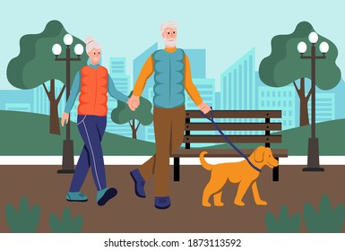 Elderly couple walking their dog in the Park.The concept of active old age. Day of the elderly. Flat cartoon vector illustration.