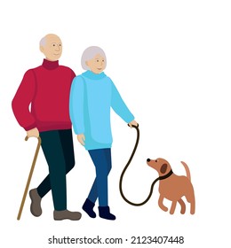 Pareja mayor caminando su perro, vector plano, aíslar sobre fondo blanco