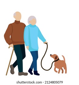 Elderly couple walking their dog, flat vector, isolate on white background, faceless people