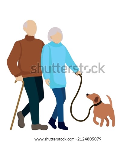 Elderly couple walking their dog, flat vector, isolate on white background, faceless people