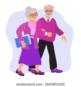 An elderly couple walking together arm-in-arm. Happy old age husband and wife. An aged man and woman with silver hair. Two loving pensioners. Beautiful older people. Flat style vector illustration.