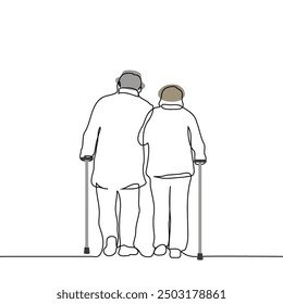 elderly couple walking together with canes in their hands, view from the back - one line art vector. concept couple of old people walking with difficulty. Handmade vector not AI