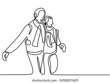 Elderly couple walking together in continuous line art