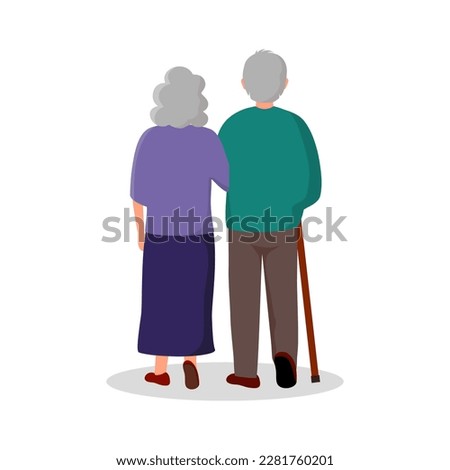 Elderly couple walking together in flat design on white background.