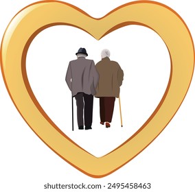 Pareja de ancianos caminando juntos dentro de la forma dorada del corazón