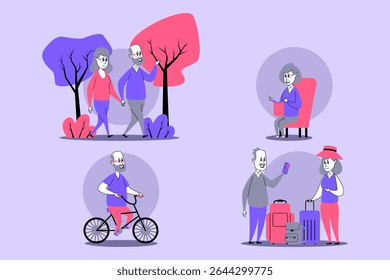 Elderly couple walking together in park while another person cycling nearby. Woman sitting comfortably, and others interacting cheerfully with luggage