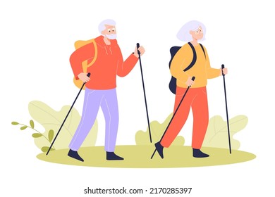 Elderly Couple Walking With Trekking Poles And Backpacks. Old People Traveling Together Flat Vector Illustration. Hiking, Trekking, Healthy Lifestyle, Active Ageing Concept For Banner, Website Design