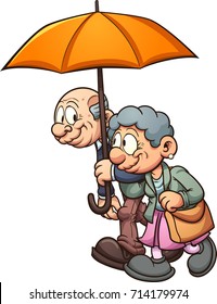 Elderly couple walking with an umbrella. Vector clip art illustration with simple gradients. All in a single layer. 