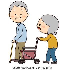 Elderly couple walking while talking
