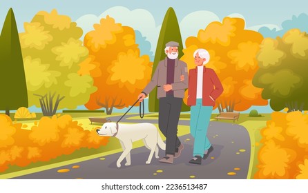 Elderly couple walks with a dog in the park in autumn. Seniors are walking. Vector illustration in flat style