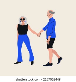 Elderly couple walks on isolated background, old people aged hugging, activities for seniors, adults in fashionable clothes. Doodle cute line illustration