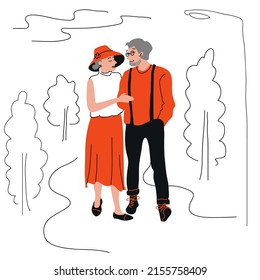 Elderly couple walks in the park, old people aged hugging, activities for seniors, adults in fashionable clothes. Doodle cute line illustration
