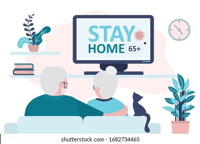 Elderly couple watch news on tv. Warning to stay home 65 and older on screen. Quarantine or self-isolation. Grandparents health care. Fears of getting coronavirus. Viral epidemic or pandemic.Vector
