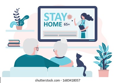 Elderly Couple Watch News On Tv. Doctor Warn To Stay Home 65 And Older On Screen. Quarantine Or Self-isolation. Grandparents Health Care.Fears Of Getting Coronavirus. Viral Epidemic Or Pandemic.Vector