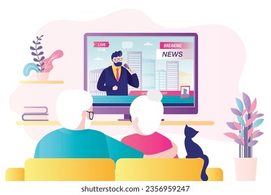 Elderly couple is watching TV. Grandparents enjoying an evening together on sofa watching breaking news. old man and woman back view. home living room. Newscaster, journalist on screen. flat vector