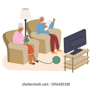 Elderly couple watching tv at home sitting in armchairs, flat vector illustration. Old people doing favorite things knitting, reading. Senior people lifestyle, home leisure activities.