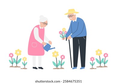 an elderly couple watering flowers tending to their garden, sharing a tender moment