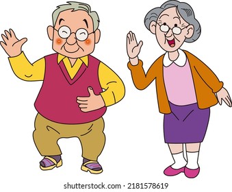 Elderly couple waving their hands to greet