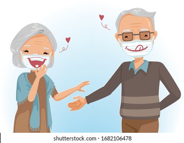 Elderly couple wearing mask. Elderly laughing together. Cheerful senior. Portrait of grandmother and grandfather in emotion relaxing. The concept of health insurance for the elderly from epidemics.