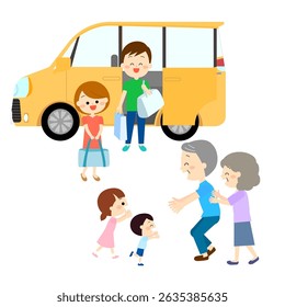 Elderly couple welcoming family who returned home by car