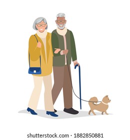 An elderly couple went for a walk with their dog. Sports and recreation. Flat vector illustration isolated on white background.