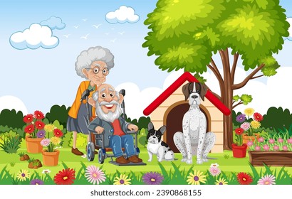 Elderly couple in wheelchair surrounded by flowers with their pet dogs